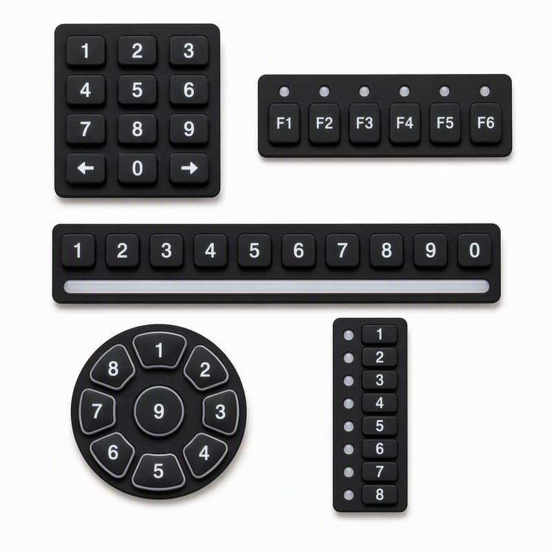 Silicone keypad variants for electro-hydraulic panels including a numeric pad with arrow keys, an F1 to F6 function strip with LED windows, a 1 to 0 number strip with a light bar, a circular one to nine dial and a vertical one to eight column with LED windows