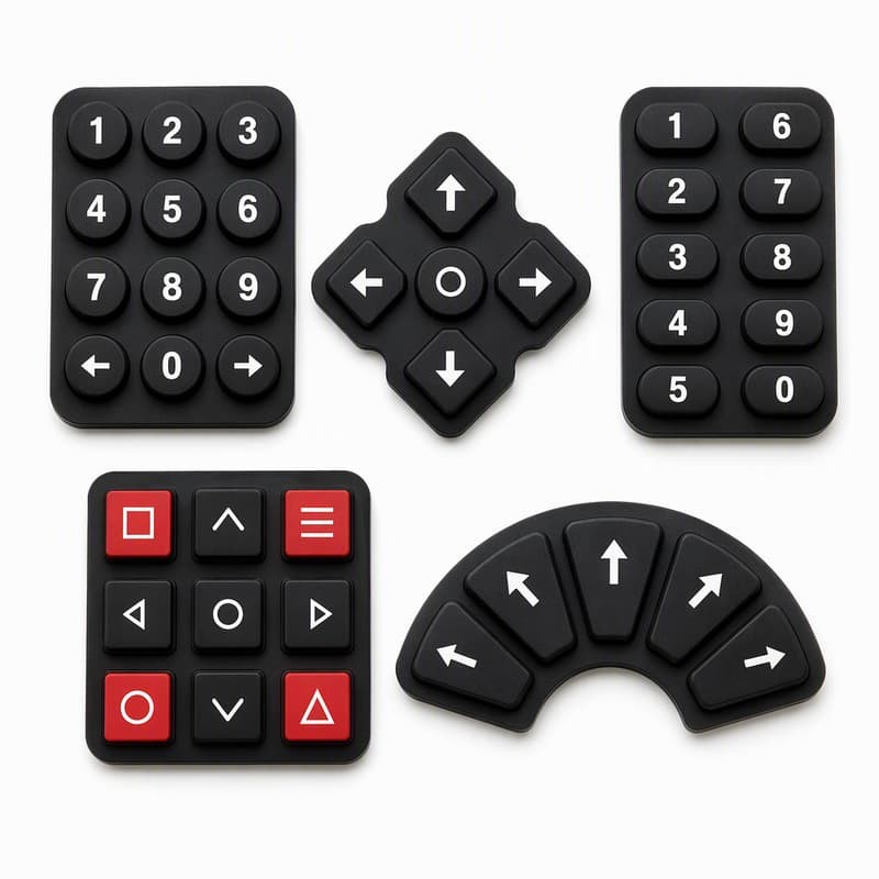 Silicone keypad set including a one to nine numeric pad with arrow keys, a diamond shaped four way pad, a two column one to six number pad, a media control block with red keys and a curved arc shaped arrow strip