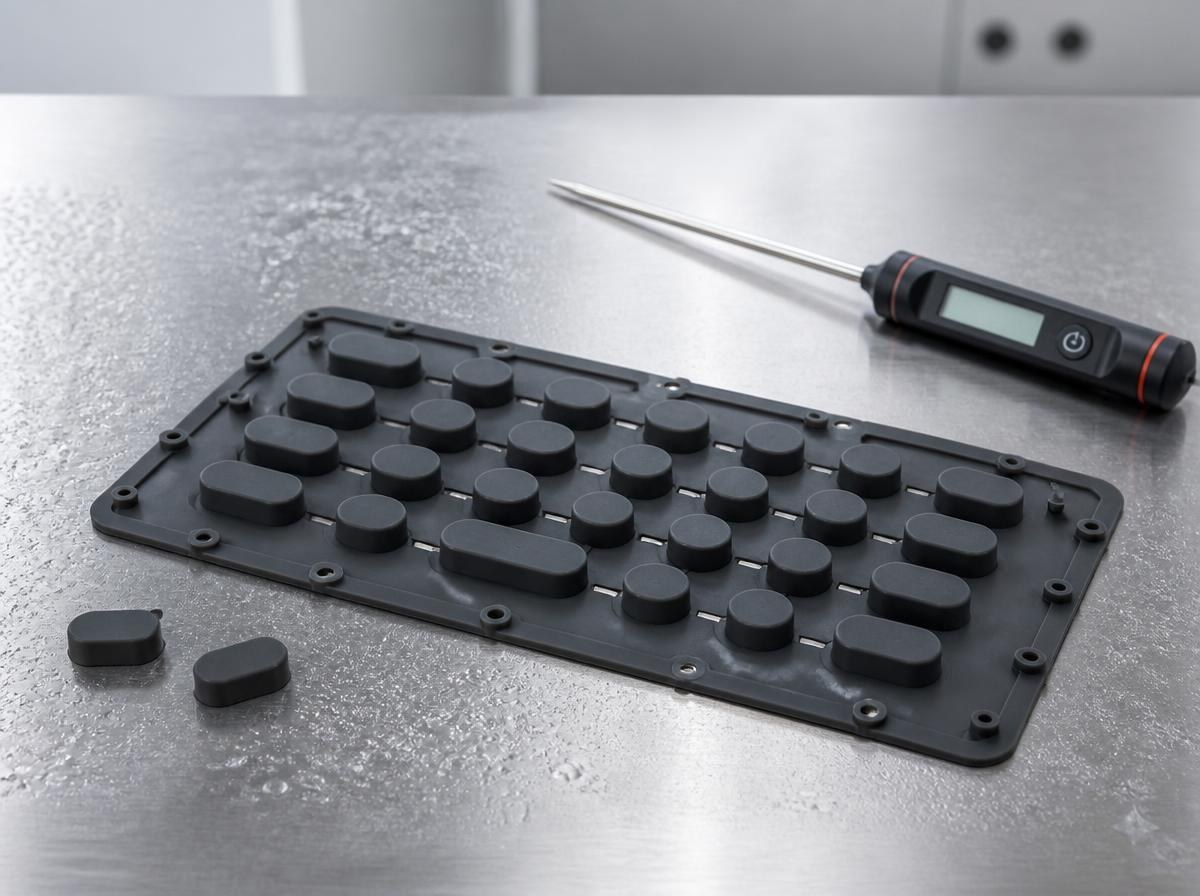 Macro view of a one-piece molded silicone rubber keypad panel showing the molded membrane web and return-leg geometry on a laboratory bench
