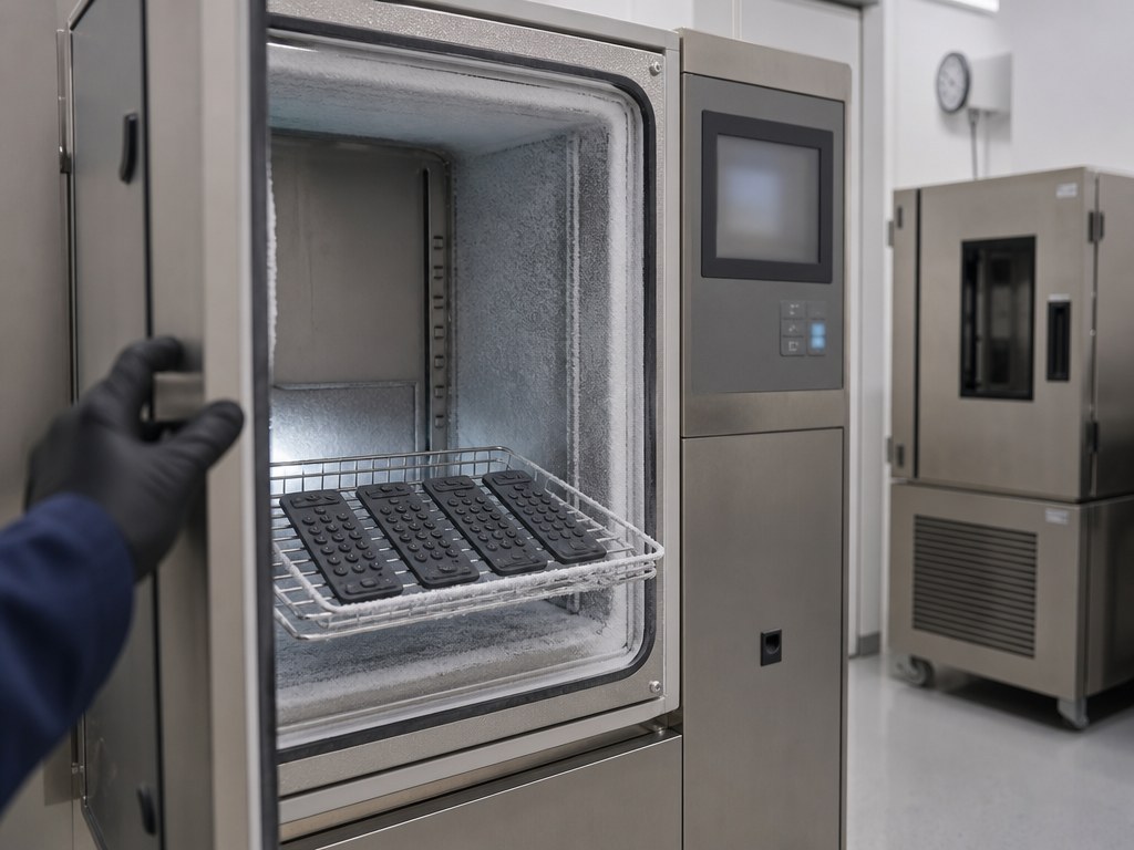 Environmental test chamber with an open door and a tray of molded silicone keypad samples during low temperature conditioning