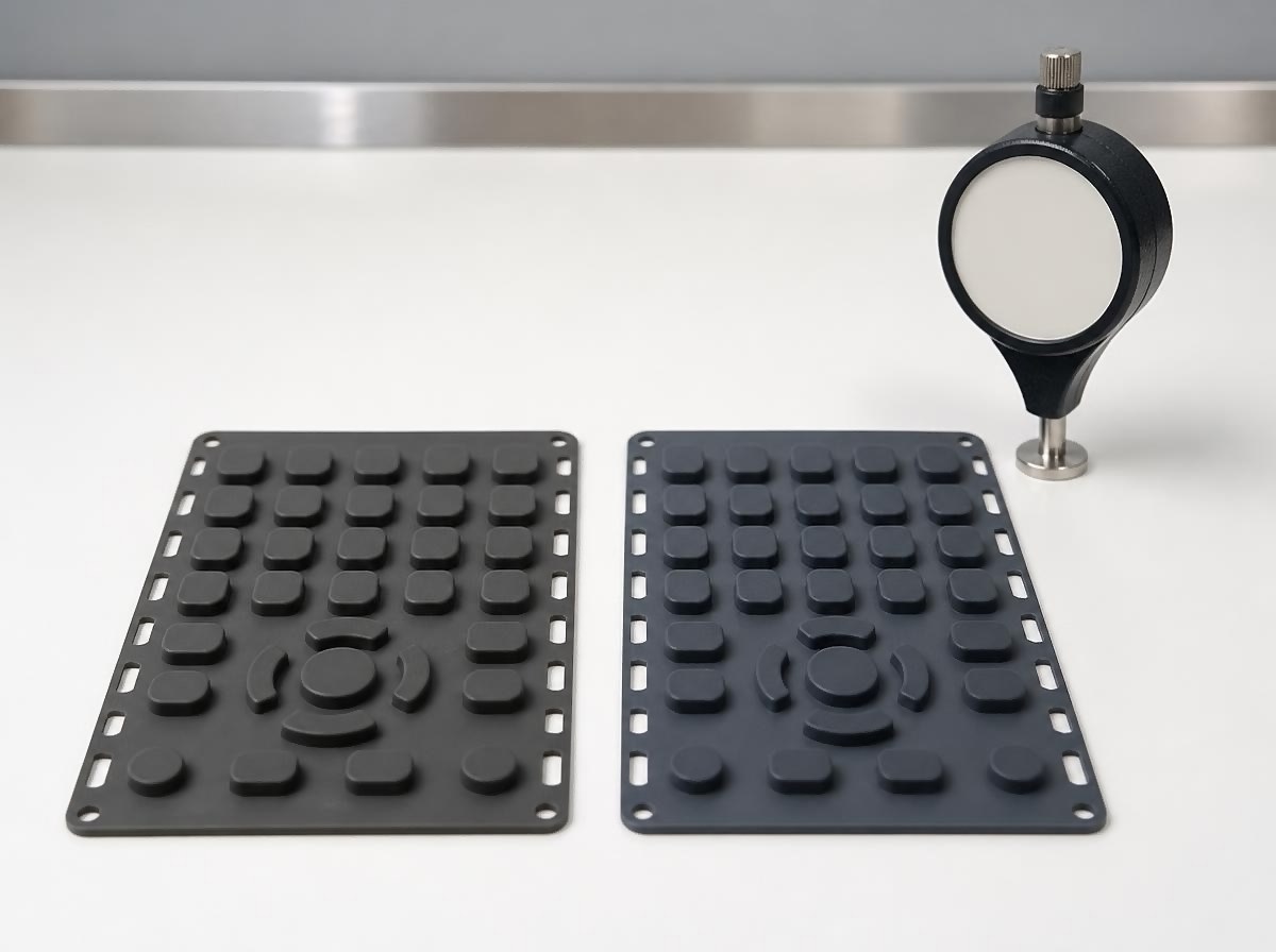 Two molded silicone keypad panels of identical geometry side by side with a Shore A durometer on a laboratory bench
