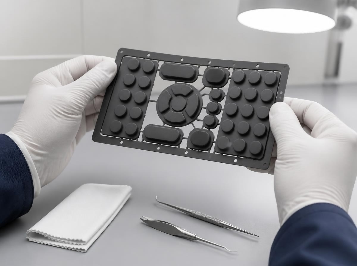Gloved hands inspecting a molded silicone rubber keypad panel under bright task lighting at a manufacturing inspection station