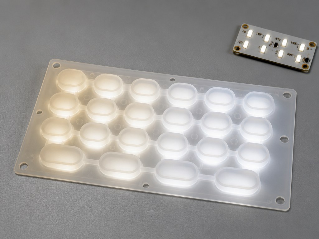 Macro view of a backlit translucent silicone keypad panel showing light diffusion across the molded keys and uneven brightness at one end