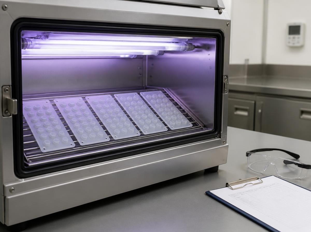 Fluorescent UV weathering test chamber with translucent silicone keypad samples on a rack under ultraviolet lamp tubes