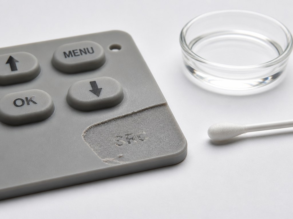Macro view of a molded silicone keypad surface showing a worn printed legend and a lifted coating edge next to a dish of perspiration test fluid