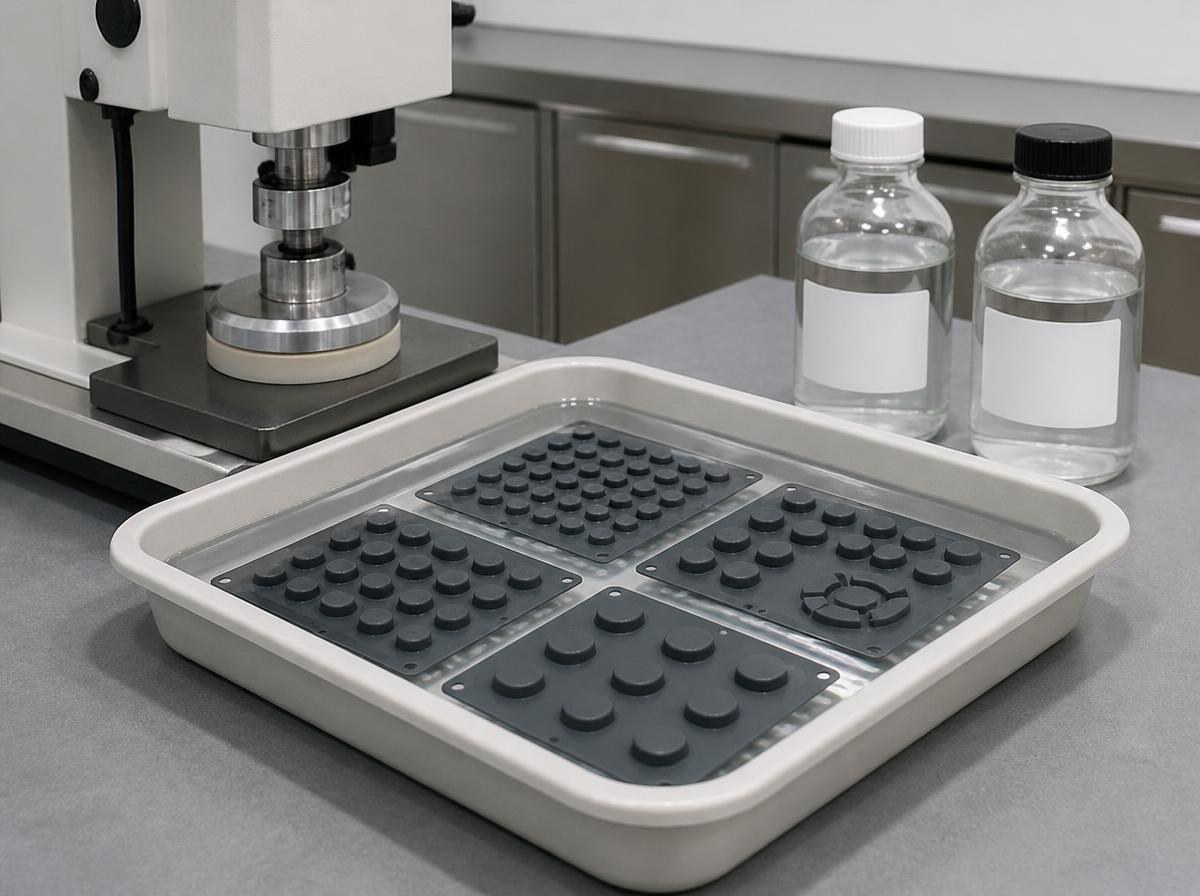 Laboratory bench with silicone keypad samples immersed in perspiration test solution beside an abrasion tester and reagent bottles