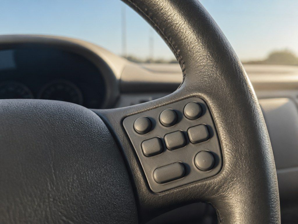 Steering wheel spoke with a molded silicone rubber keypad button cluster in a hot car interior in bright sunlight