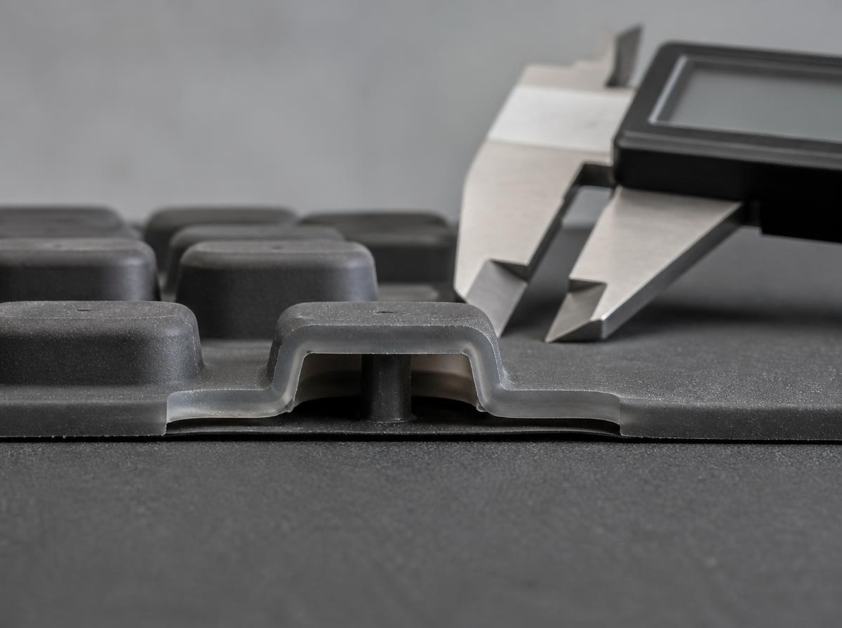 Macro view of a molded silicone rubber keypad edge showing the flat flange, key wall and molded membrane structure measured with a digital caliper