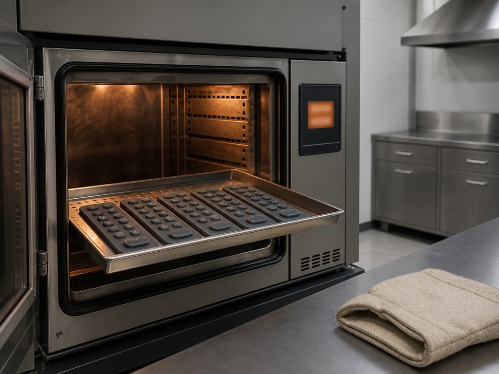 Laboratory heat ageing oven with an open door and a tray of molded silicone keypad samples under warm interior light