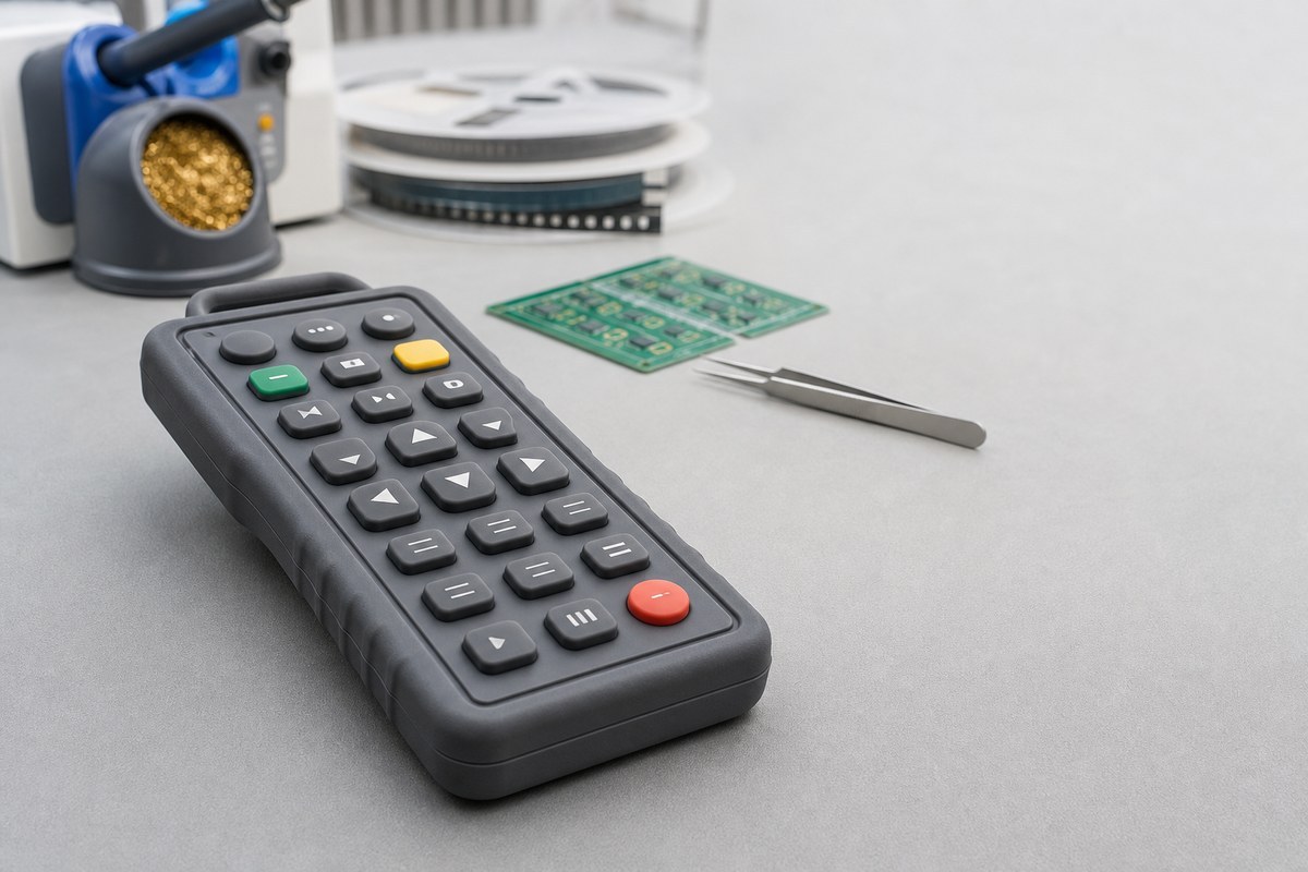 Industrial handheld remote control with a one-piece molded silicone rubber keypad resting on an electronics workbench for contact resistance inspection
