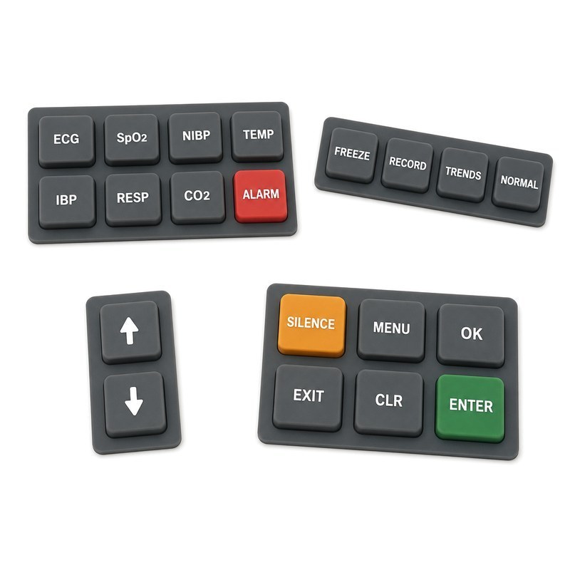 Silicone keypad sets with colour-coded keys and backlight windows used on equipment control panels and instrument front panels