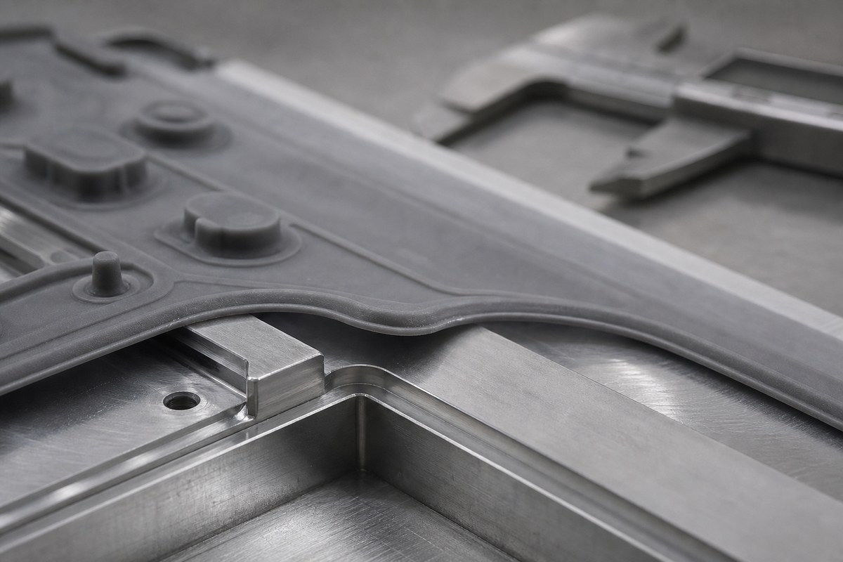 Macro view of an ultra-thin molded silicone keypad membrane and its thickness transition inside a precision machined aluminum mold cavity