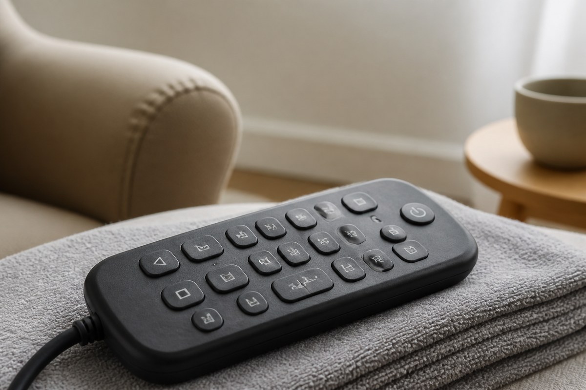 Massage chair hand controller with a molded silicone rubber keypad showing a faint oily sheen from repeated hand contact