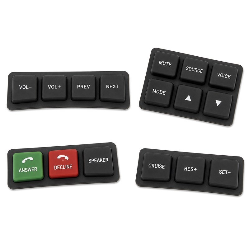 Multi-key custom silicone keypad sets with volume, mute, source, answer and decline keys for a handheld remote controller