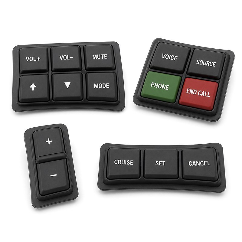 Custom silicone keypad key sets with printed function legends, coloured answer and decline keys and a see-saw rocker key