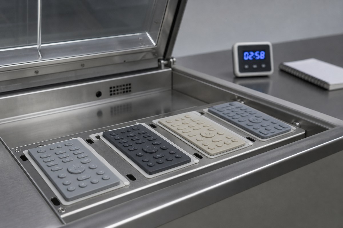 Accelerated UV weathering test chamber holding a row of molded silicone keypad samples for post-aging tactile comparison