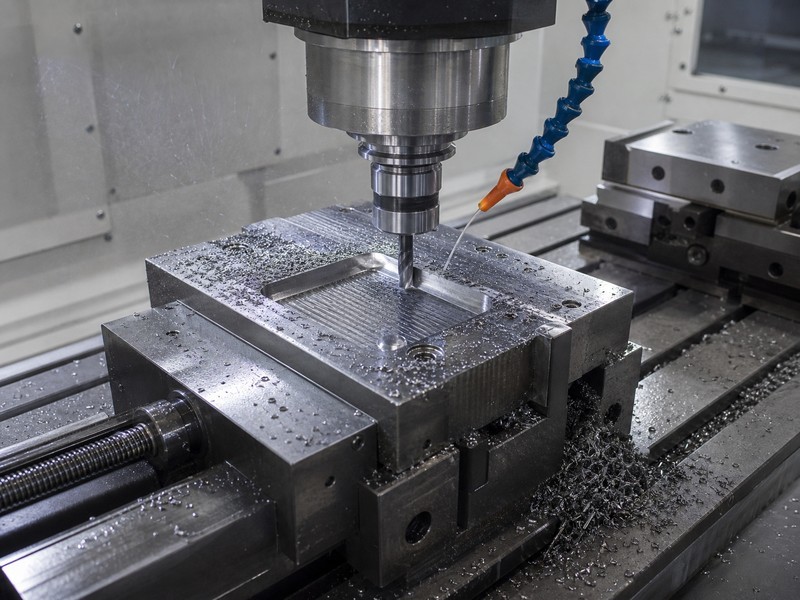 CNC machine cutting a metal mold in a tooling workshop