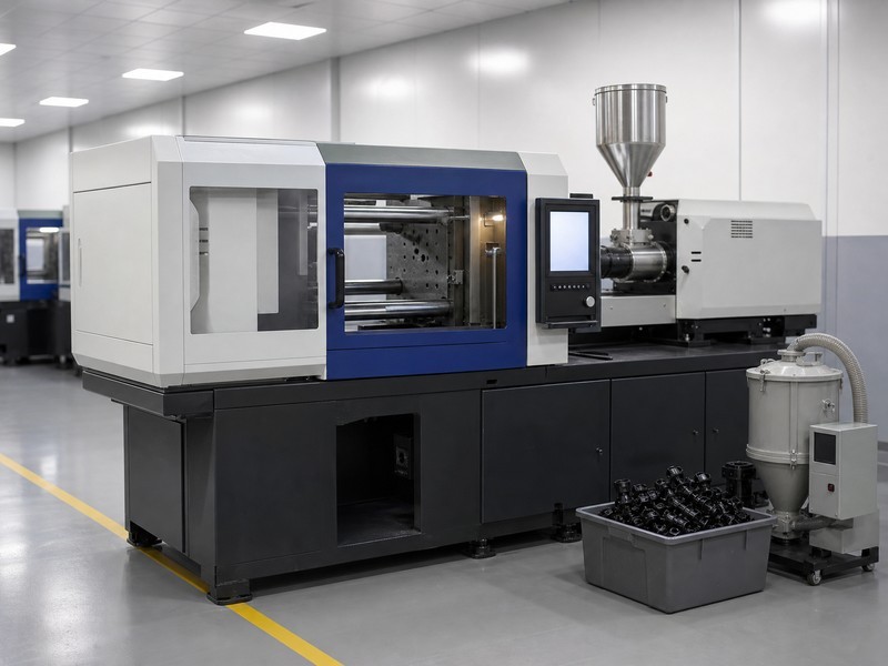 Injection molding workshop with machinery and equipment in operation