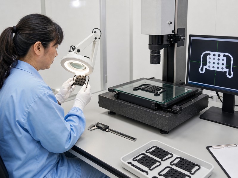 Quality control staff inspecting parts with testing equipment in a laboratory