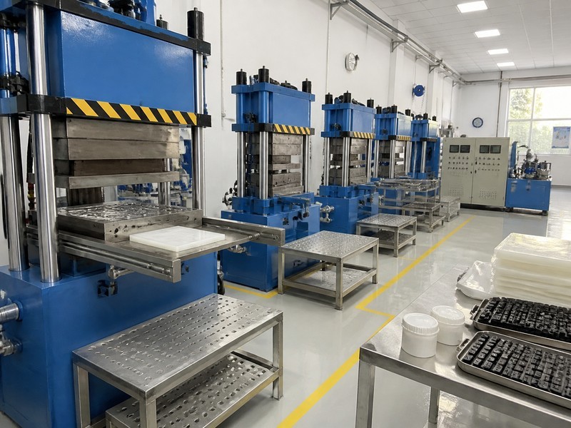 Compression molding workshop filled with silicone molding machines