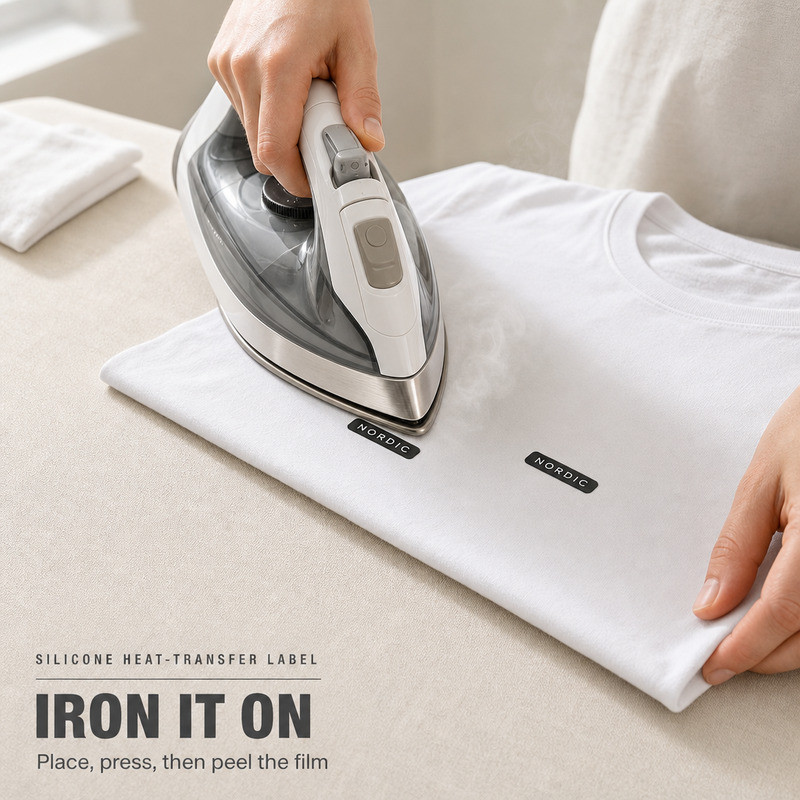 Iron-on silicone labels being pressed onto a knitted sportswear panel