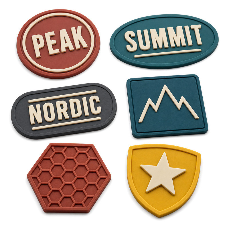 Close-up of embossed silicone labels showing edge geometry and perimeter detail