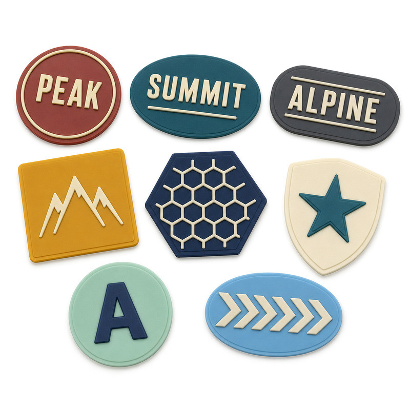 Thin low profile silicone labels with smooth rounded edges for stretch fabrics
