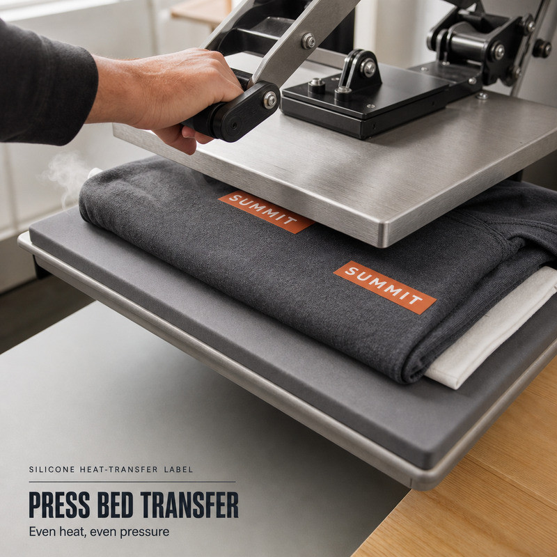 Silicone patch being applied to sportswear fabric on a flatbed heat press