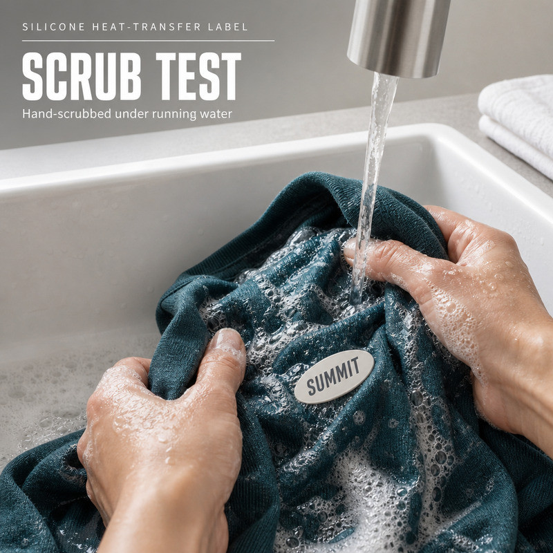 Silicone garment patch being hand scrubbed under running water to test wash durability