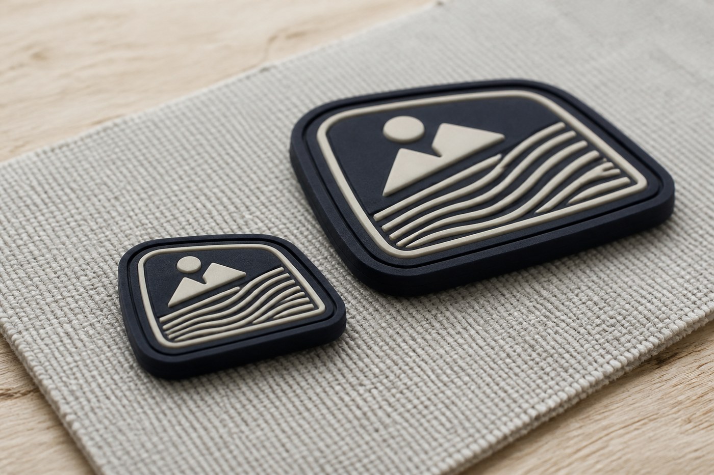 Small and large moulded silicone logo patches with the same artwork shown together on woven fabric