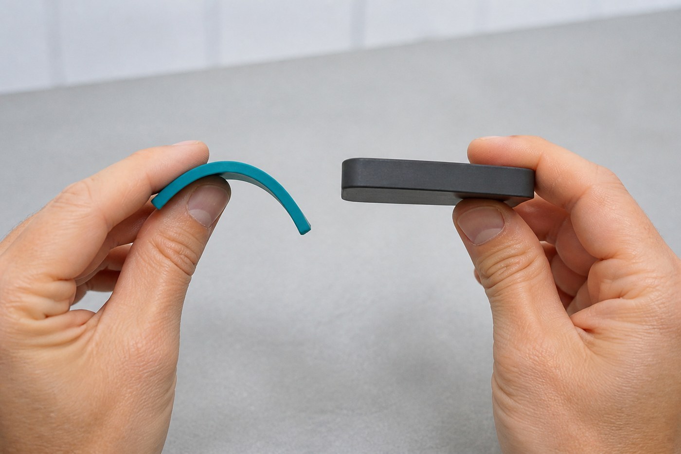Hands bending two silicone patches of different thickness, the thinner one flexing while the thicker one resists