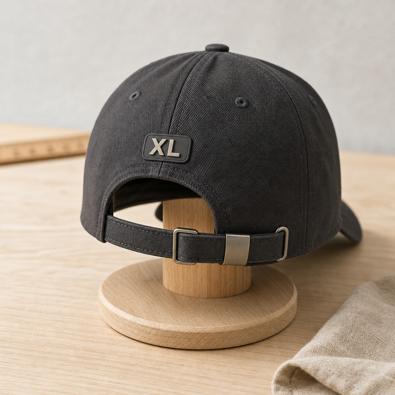 Silicone label sewn onto the back strap area of a black cap displayed on a stand