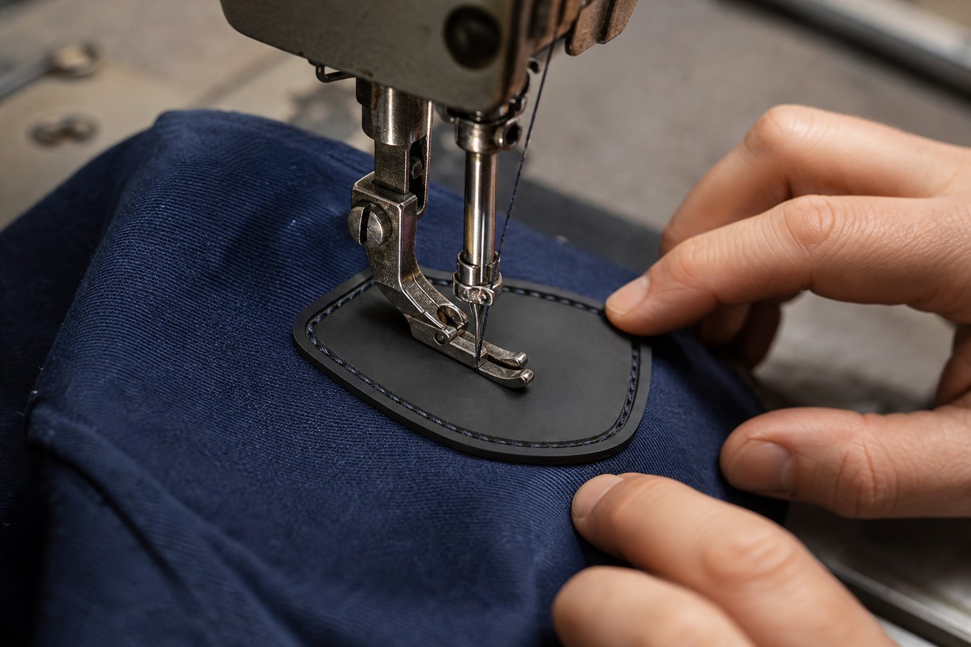 Sewing machine needle stitching around the edge of a silicone patch on a curved navy cap panel