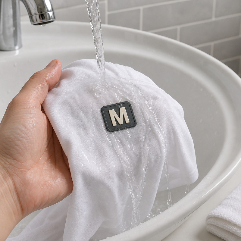 Silicone label on white fabric held under running water during a wash durability check
