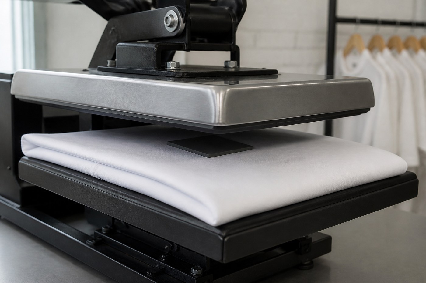 Heat press machine with the upper platen pressing a silicone patch onto a folded white garment