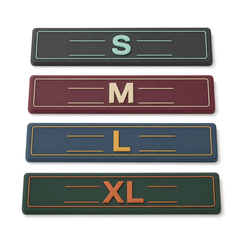 Small silicone logo size comparison strips labelled S M L XL made as custom silicone clothing labels, showing how detail changes as the logo gets smaller