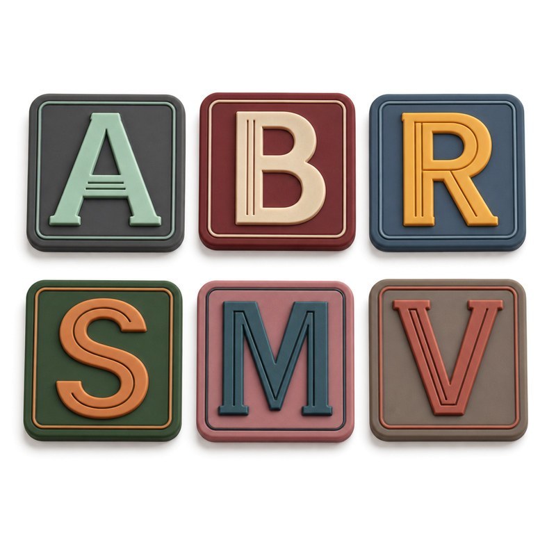 Range of small silicone logo base shapes used to test the smallest practical size of a custom silicone label on clothing