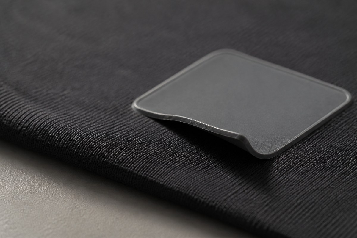 Edge of a silicone heat transfer label lifting on stretched black knit fabric, showing a perimeter failure caused by stretch deformation