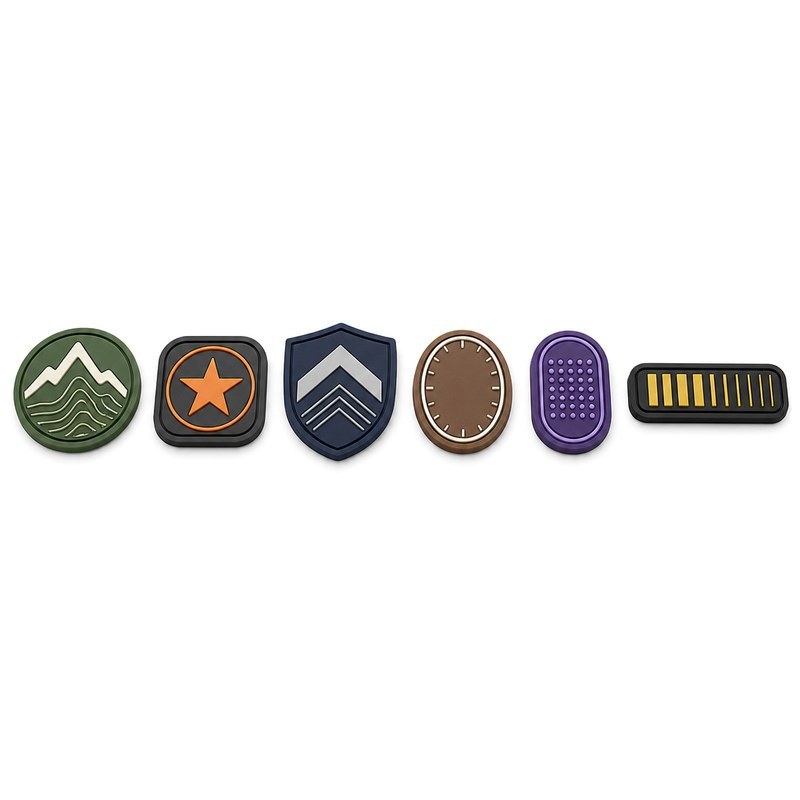 Range of small silicone patch shapes used to compare silicone patch bonding and adhesion on different clothing fabrics