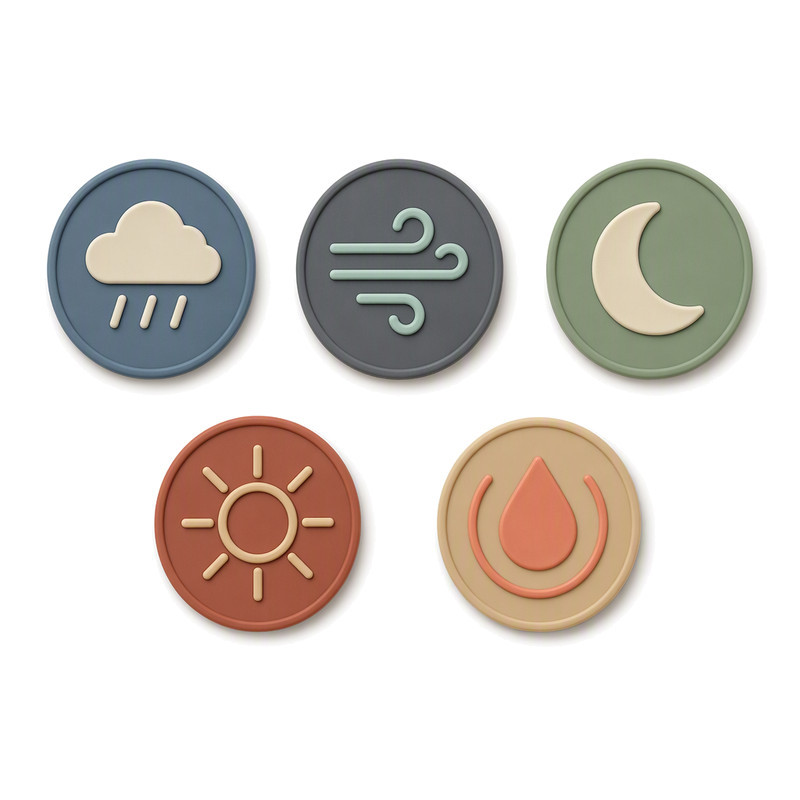 Five round moulded silicone heat transfer labels with raised weather pictograms, showing the small perimeter bond area typical of compact patch designs