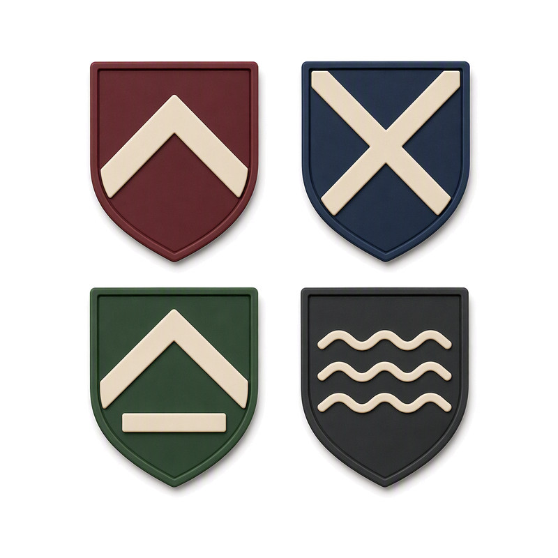 Four shield-shaped silicone heat transfer patches with solid raised emblems, illustrating centre-bonding behaviour on wide patch designs