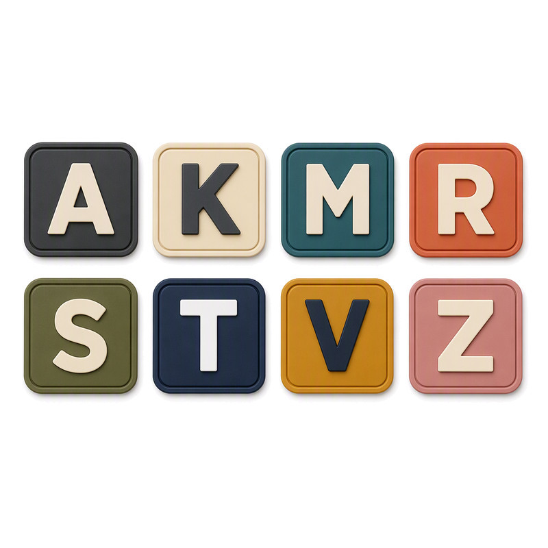 Eight moulded silicone letter patches in assorted colours, showing raised characters whose definition depends on heat press settings