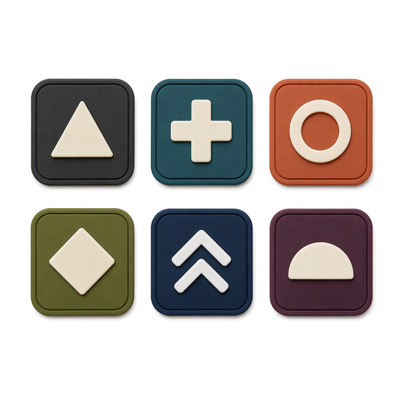 Six square moulded silicone heat transfer patches with bold geometric glyphs, shown to compare glyph definition after different press settings