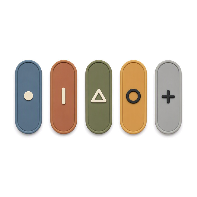 Five slim capsule silicone labels with small raised glyphs, a light construction suited to fine gauge knitwear