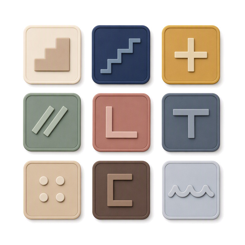 Nine square moulded silicone heat transfer patches with step and symbol motifs arranged to represent a sequence of inspection steps