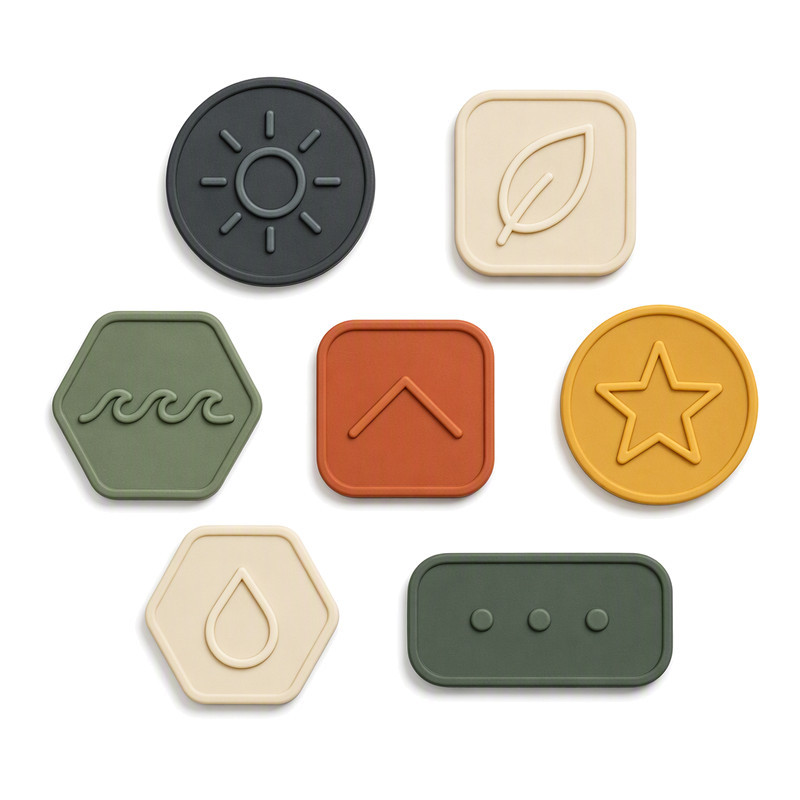 Seven mixed shape silicone heat transfer patches including circles and hexagons with dots, showing sample variation in an inspection set