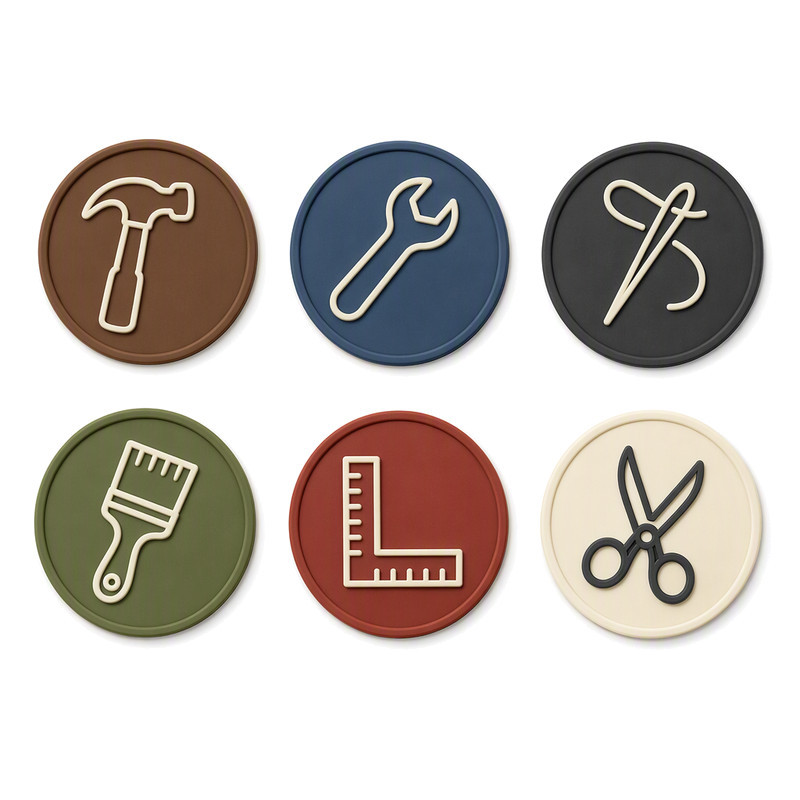 Six round silicone patches with line art craft tool icons used to review artwork feasibility before tooling