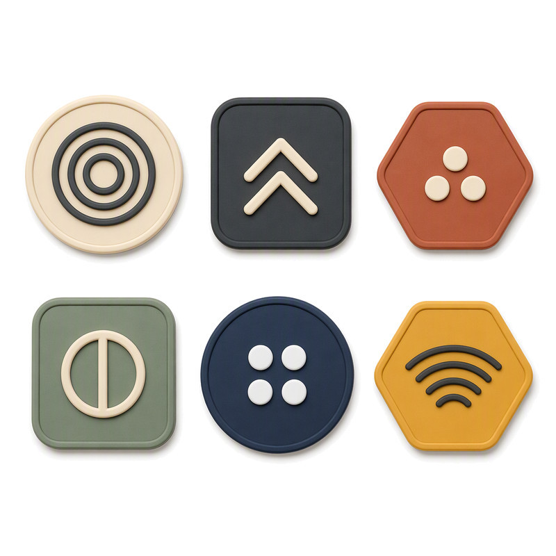 Six mixed shape silicone sportswear patches with raised emblem motifs in different geometries including circles and hexagons