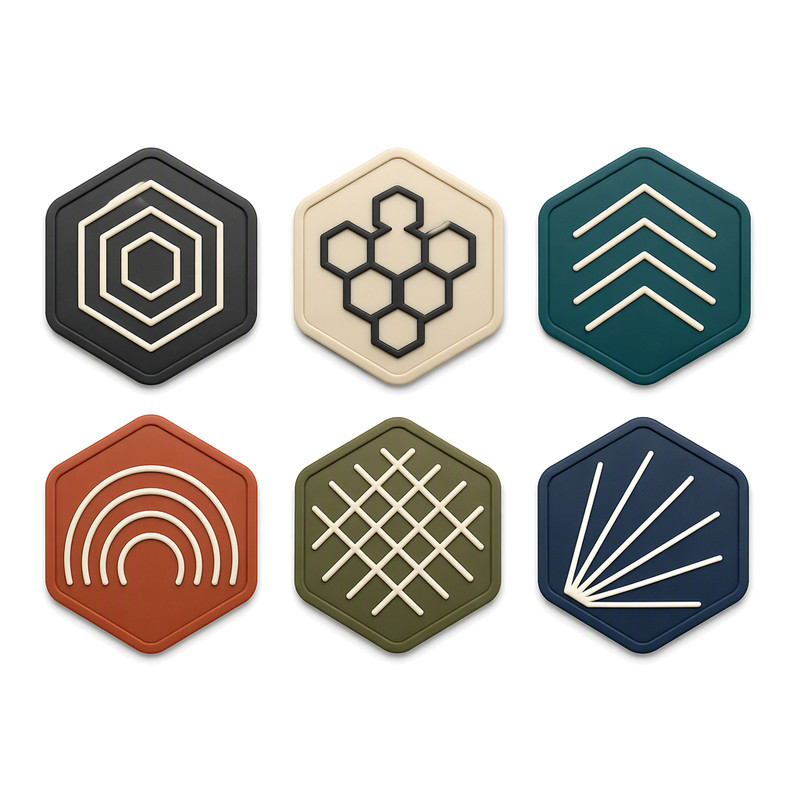 Fine-line raised silicone patch motifs showing minimum legible line width for small silicone logos on clothing