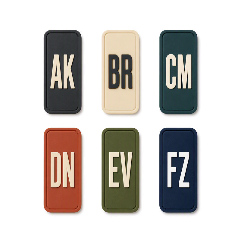 Small-format moulded silicone patches with two-character lettering for sportswear team and size coding